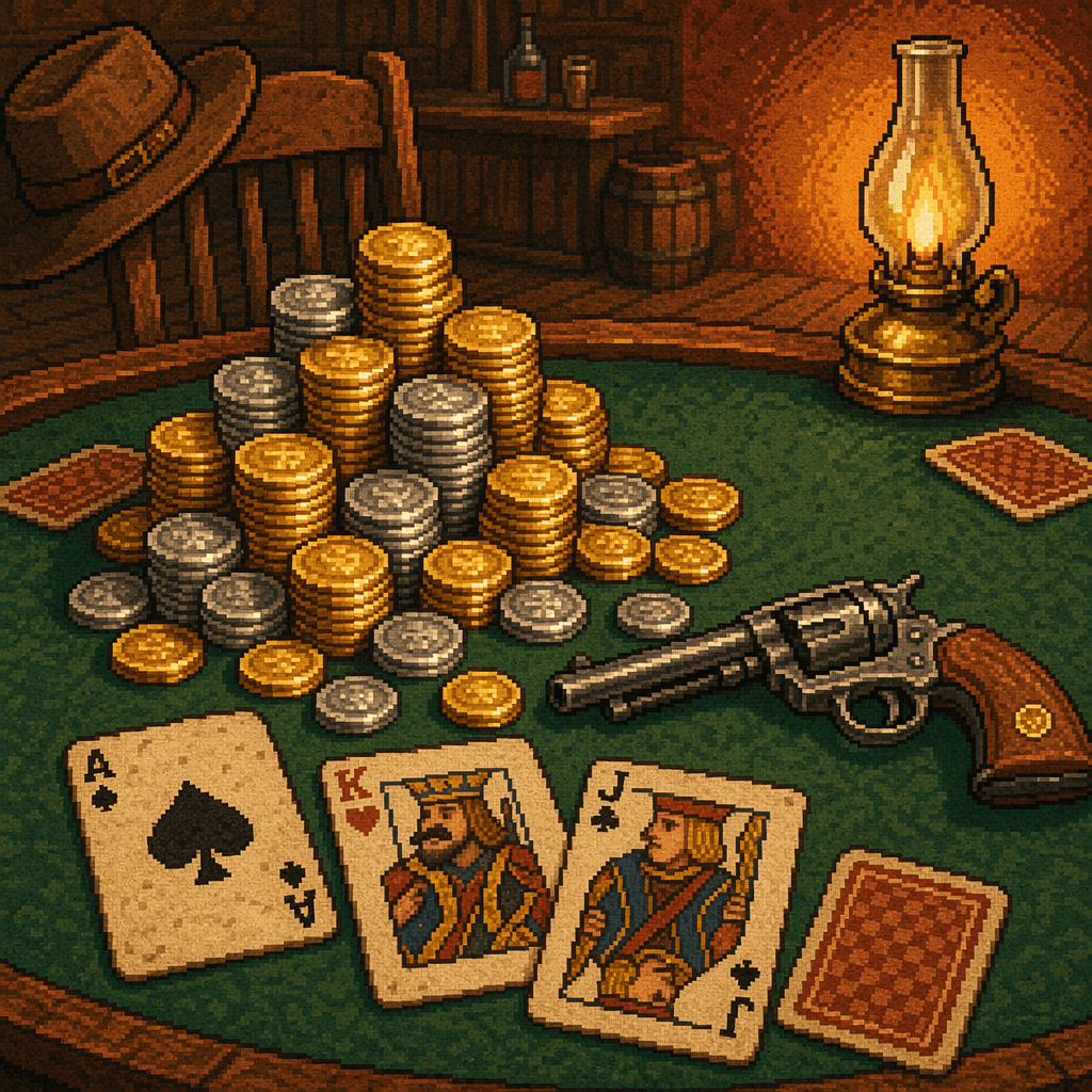 Ink sketch of coins piled on a poker table with a revolver
