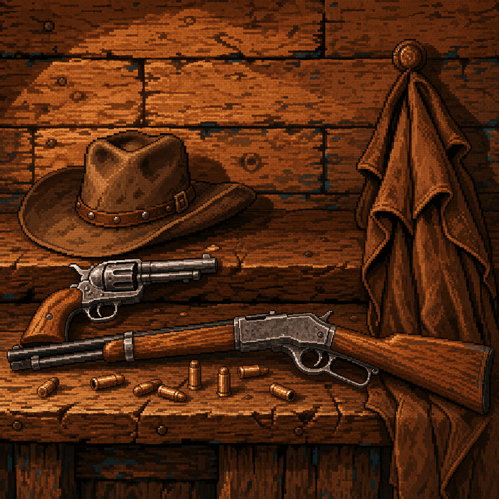 Ink sketch of a gunsmith shelf with revolver, rifle, hat, and duster