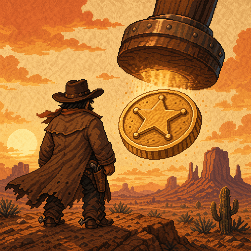 Ink sketch of a lone outlaw being stamped onto a sheriff-star seal