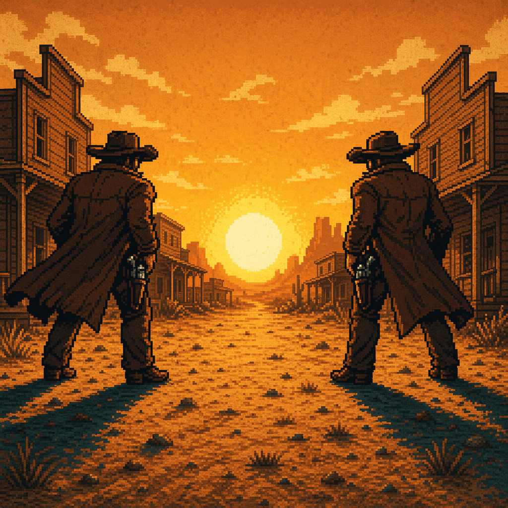 Ink sketch of two silhouettes facing off at sundown in the main street